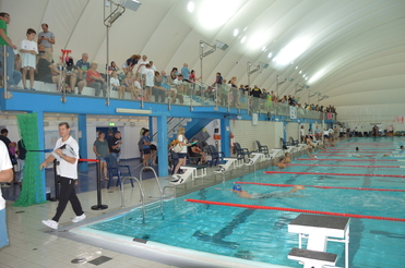 Schwimmhalle mit Zuschauern auf der Tribüne und Schwimmern auf Bahnen im Wasser. Rote Wendenmarkierungen sind sichtbar.