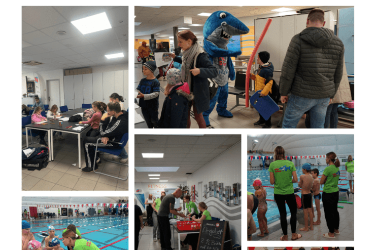 Vielfältige Szenen in einem Schwimmunterricht: Kinder in Schwimmkappen üben; ein freundlicher Maskottchenhai interagiert.