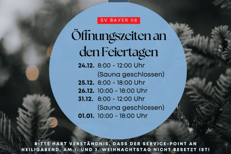 Übersicht der Öffnungszeiten an Feiertagen mit datierten Einträgen und Hinweis auf geschlossene Sauna.