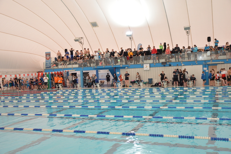 Schwimmhalle mit vielen Zuschauern auf der Tribüne und mehreren Bahnmarkierungen im Wasser.