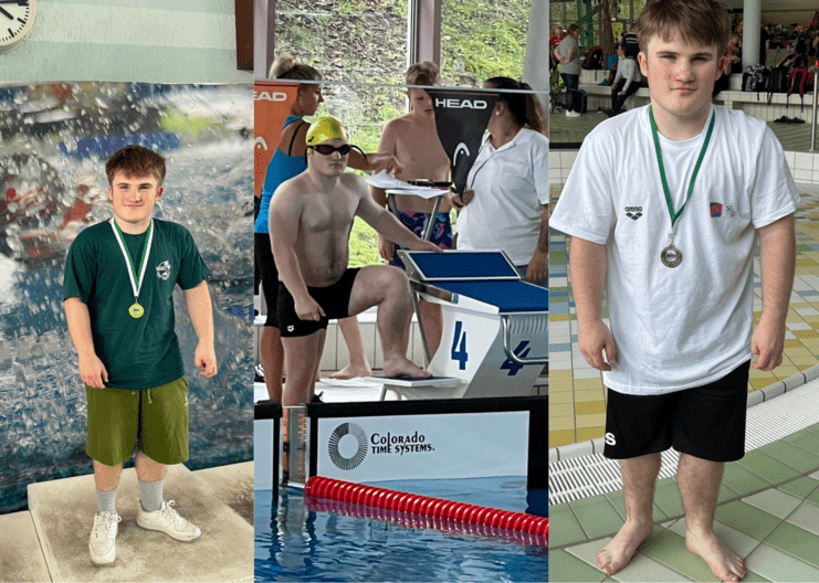 Drei Bilder von einem jungen Schwimmer: Medaillenträger, Wettkampfvorbereitung und stolzer Sieger mit Silbermedaille.