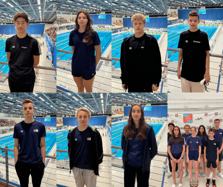 Aufnahmen junger Schwimmer in Sportbekleidung vor einem Schwimmbecken mit Zuschauern im Hintergrund.