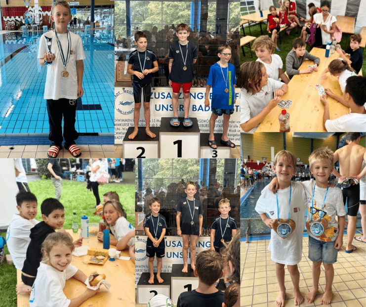 Collage von Kindern beim Schwimmwettkampf: Medaillenverleihung, Jubel und gemeinsames Essen im Freien.