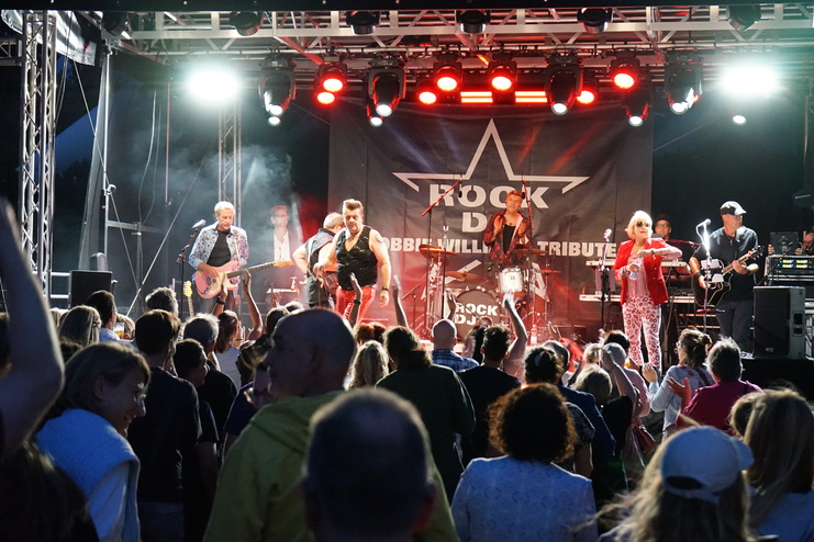 Tribute-Band spielt live auf B&uuml;hne, w&auml;hrend das Publikum begeistert tanzt und mitfeiert. Beleuchtung in rot und gr&uuml;n.