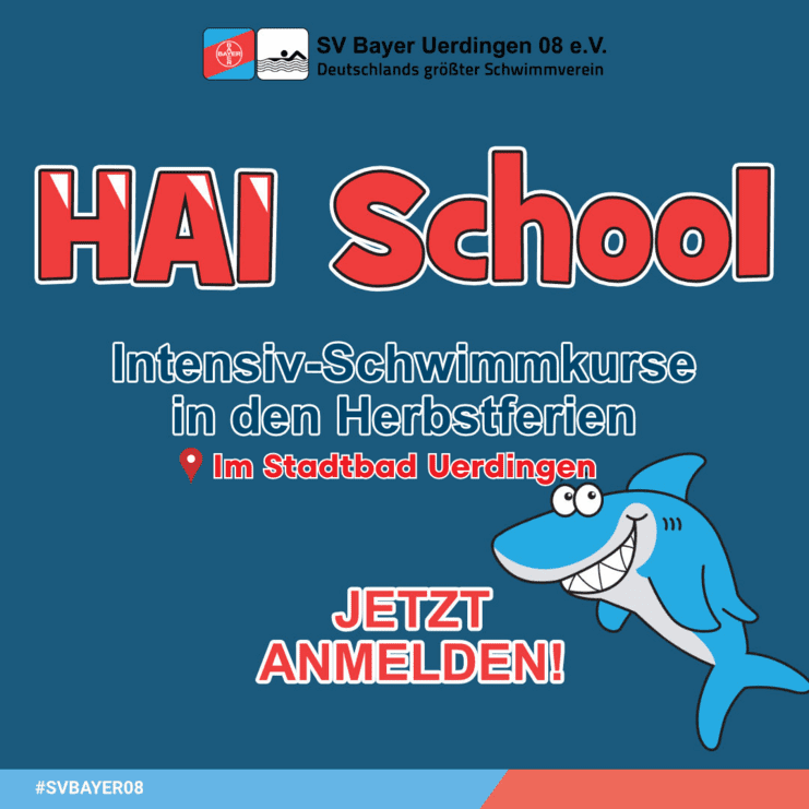 Plakat für Schwimmkurse mit dem Text „HAI School“ und einem lächelnden Cartoon-Hai auf blauem Hintergrund.