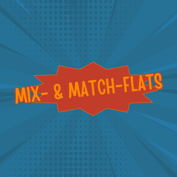 Grafik mit dem Text "MIX- & MATCH-FLATS" auf blauem Hintergrund mit dynamischen, hellen Strahlen und Punkten.
