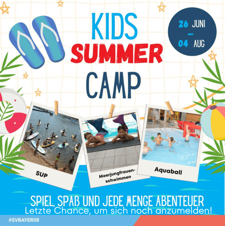 Buntes Plakat für ein Kinder-Sommercamp mit Aktivitäten wie SUP, Meerjungfrauen schwimmen und Aquaball, Termine angegeben.