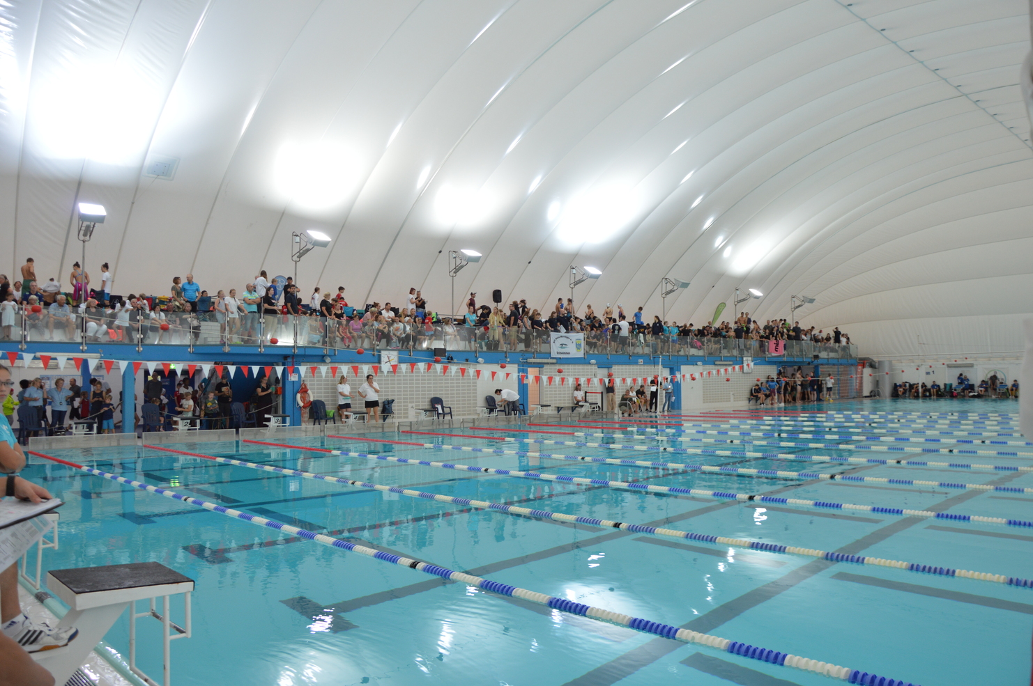 Schwimmhalle mit mehreren Bahnen, Zuschauern auf der Tribüne und bunten Fähnchen entlang des Beckens.