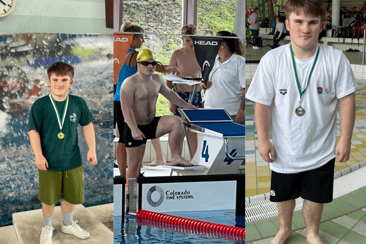 Drei Bilder von einem jungen Schwimmer: Medaillenträger, Wettkampfvorbereitung und stolzer Sieger mit Silbermedaille.