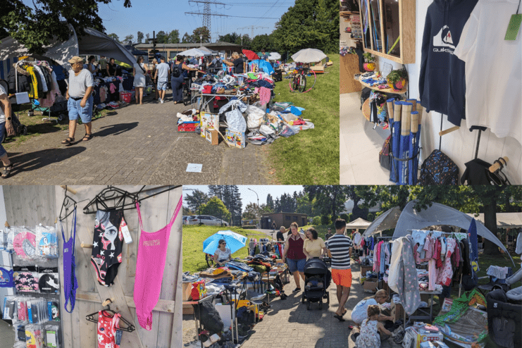 Bunter Flohmarkt mit Ständen voller Kleidung, Spielzeug und Accessoires sowie Besuchern unter Sonnenschirmen.