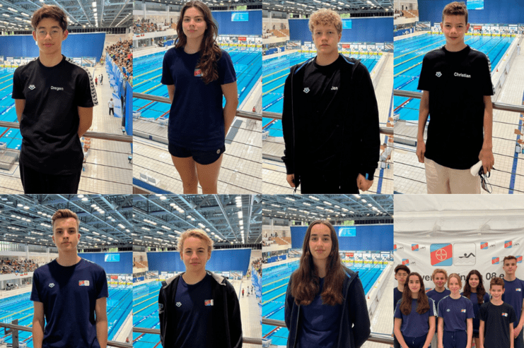 Aufnahmen junger Schwimmer in Sportbekleidung vor einem Schwimmbecken mit Zuschauern im Hintergrund.