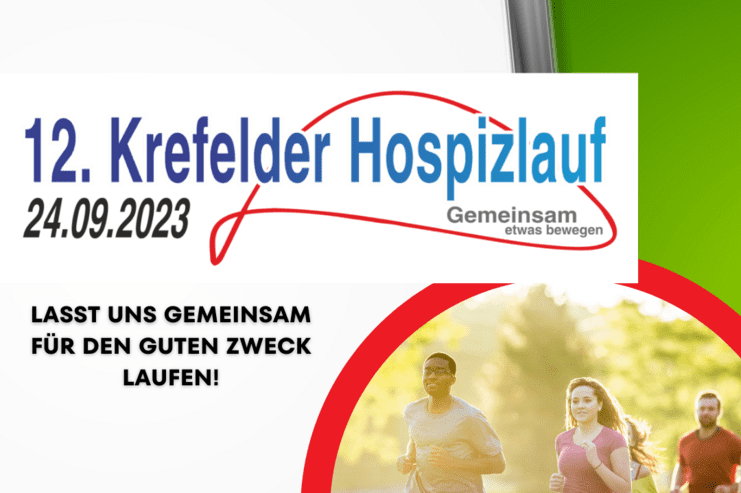 Logo des 12. Krefelder Hospizlaufs mit Läufern im Freien, die gemeinsam für einen guten Zweck laufen. Datum: 24.09.2023.