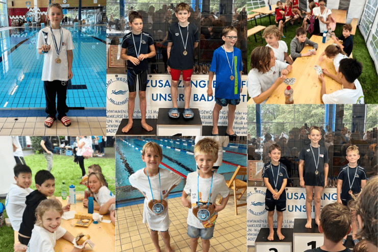 Collage von Schwimmkindern mit Medaillen, in einem Schwimmbad und beim Feiern im Freien.
