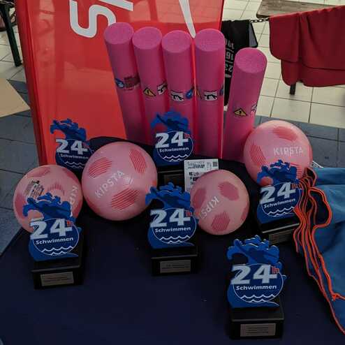 Blick auf einen Tisch mit pinken Schwimm-Trainingsgeräten, Medaillen und einem Speedo-Banner in einem Schwimmbad.