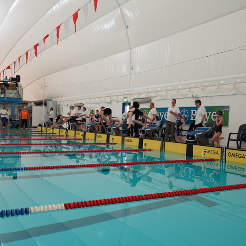 Schwimmbewerb mit Schwimmern an Startblöcken neben einem sonnendurchfluteten Becken und Zuschauern im Hintergrund.