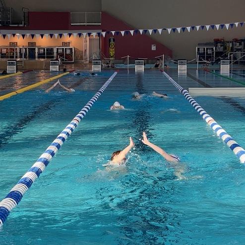 Zwei Schwimmer trainieren in einem Hallenbad, umgeben von blauen und weißen Bahnmarkierungen im Wasser.