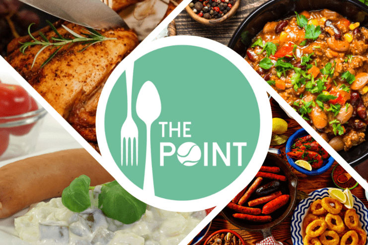 Collage von verschiedenen Gerichten, darunter ein Brathähnchen, Salat, Eintopf und Wurstgerichte, mit Logo „THE POINT“.