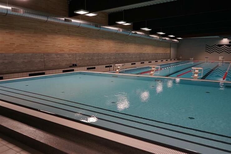 Innenansicht eines Schwimmbeckens mit Sprungbrettern und blauer Wasseroberfläche in einem modernen Hallenbad.