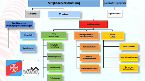 Organigramm Organigramm einer Mitgliedervertretung mit verschiedenen Funktionen, Abteilungen und Fachbereichen für Sportorganisation.