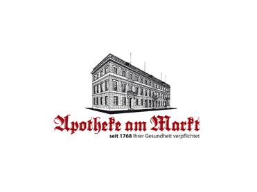 Zeichnung eines historischen Gebäudes mit dem Schriftzug „Apotheke am Markt, seit 1768 Ihrer Gesundheit verpflichtet“.