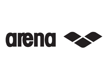 Logo der Marke "arena" in schwarzer Schrift neben einem grafischen Symbol mit drei Rauten.
