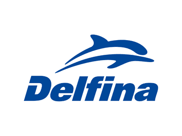 Logo von Delfina mit stilisiertem Delphin und Schriftzug in blauer Farbe.