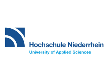 Logo der Hochschule Niederrhein mit stilisierten blauen Linien und den Schriftzügen „Hochschule Niederrhein“ und „University of Applied Sciences“.