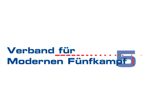Logo des Verbands f&uuml;r Modernen F&uuml;nfkampf mit Schriftzug und der Zahl f&uuml;nf in blauer und roter Schrift.