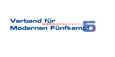 Logo des Verbands für Modernen Fünfkampf mit Schriftzug und der Zahl fünf in blauer und roter Schrift.