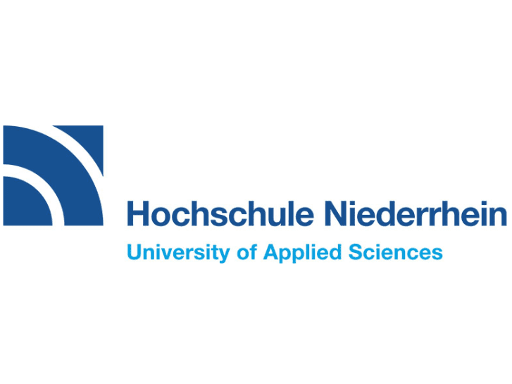 Logo der Hochschule Niederrhein mit stilisierten blauen Linien und den Schriftz&uuml;gen &bdquo;Hochschule Niederrhein&ldquo; und &bdquo;University of Applied Sciences&ldquo;.