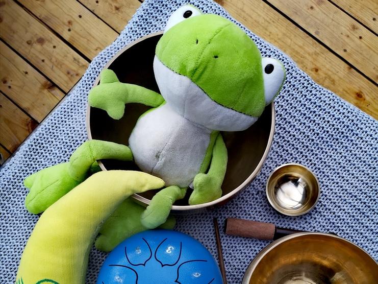 Plüschfrosch sitzt in einer Schüssel, umgeben von einer gelben Mondfigur, einer Klangschale und einem Handpan.