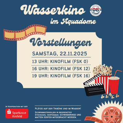 Wasserkino im Aquadome: Vorstellungstermine am 22.11.2025, mit Uhrzeiten und Altersfreigaben auf einem farbigen Hintergrund.