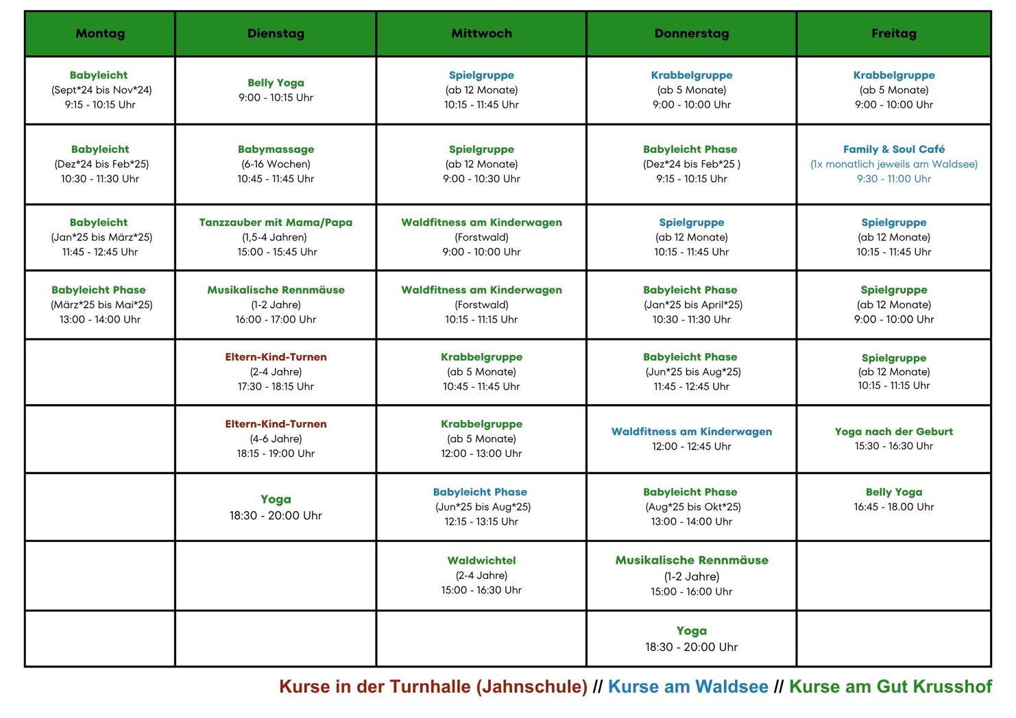 Kalender mit Kursangeboten für Babys und Kleinkinder von Montag bis Freitag, einschließlich Zeiten und Kategorien.