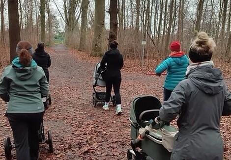Vier Frauen mit Kinderwagen gehen auf einem herbstlichen Weg zwischen Bäumen, umgeben von buntem Laub.