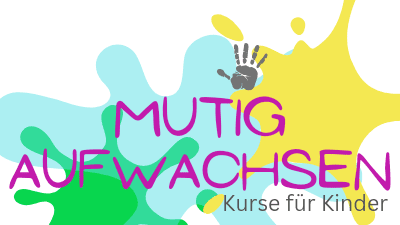 Bunte Farbklekse mit dem Schriftzug „Mutig Aufwachsen - Kurse für Kinder“ und einer Handabdruck-Grafik.