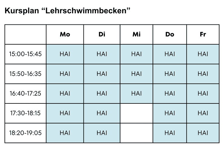 Kursplan für das Lehrschwimmbecken mit Zeiten und Gruppenbezeichnungen in einer Tabelle.