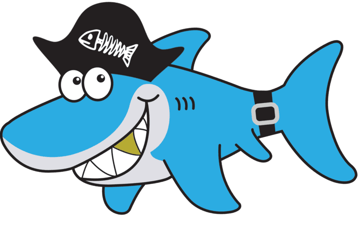 Lustiger blauer Haifisch mit Piratenschiff-Hut, breitem Grinsen und einem Fischknochen-Symbol auf dem Hut.