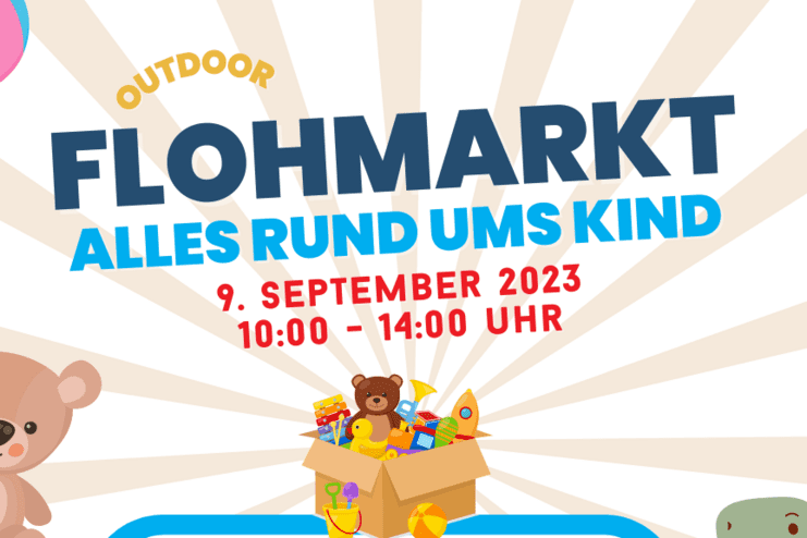 Bunt gestaltetes Plakat für einen Flohmarkt am 9. September 2023, mit spielenden Kindern und verschiedenen Spielzeugen.