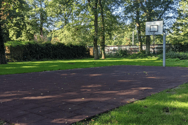 Basketballplatz mit Gummiboden und Korb, umgeben von Rasen und Bäumen in einem Park.