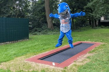 Ein blauer Haifisch-Maskottchen springt auf einem Trampolin in einem parkähnlichen Gelände zwischen hohen Bäumen.