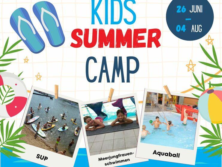 Grafik für ein Sommercamp mit Bildern von Aktivitäten wie SUP, Schwimmen und Aquaball, inkl. Termindaten und Slogan.