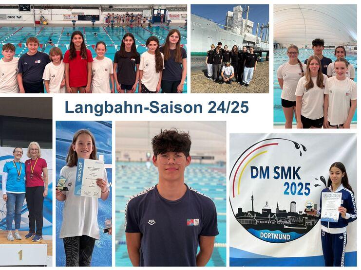 Collage mit Schwimmern und Wettkämpfen der Langbahn-Saison 24/25, einschließlich Siegerehrungen und Gruppenbildern.