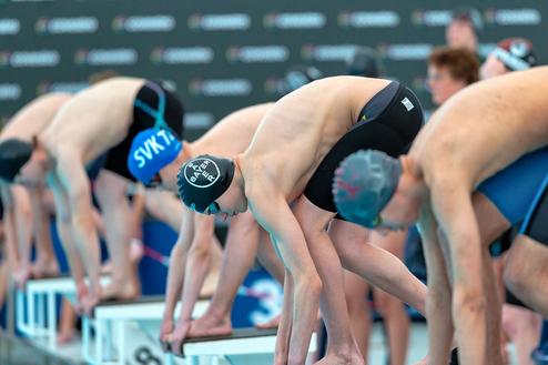 Sechs Schwimmer in Startpositionen auf Startblöcken mit Schwimmkappen und Sportanzügen, bereit für den Wettkampf.