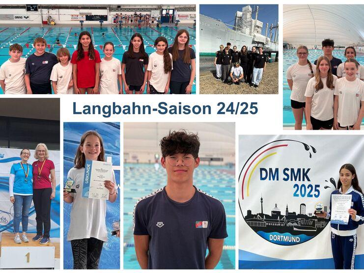 Collage mit Schwimmern und Wettkämpfen der Langbahn-Saison 24/25, einschließlich Siegerehrungen und Gruppenbildern.