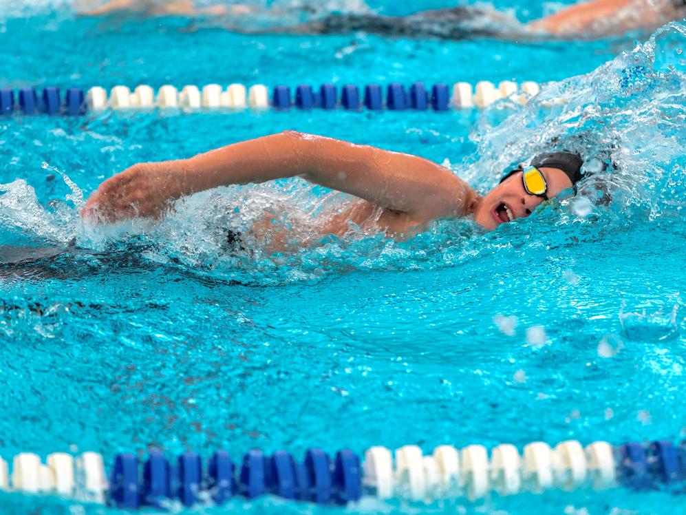 Ein junger Schwimmer in einem blauen Schwimmbecken vollbringt einen kraftvollen Kraul-Zug mit Wasser spritzend.