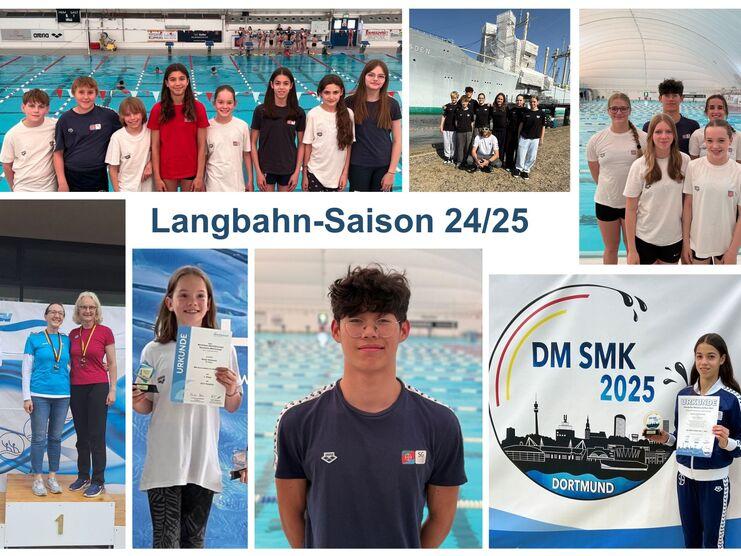 Collage mit Schwimmern und Wettkämpfen der Langbahn-Saison 24/25, einschließlich Siegerehrungen und Gruppenbildern.