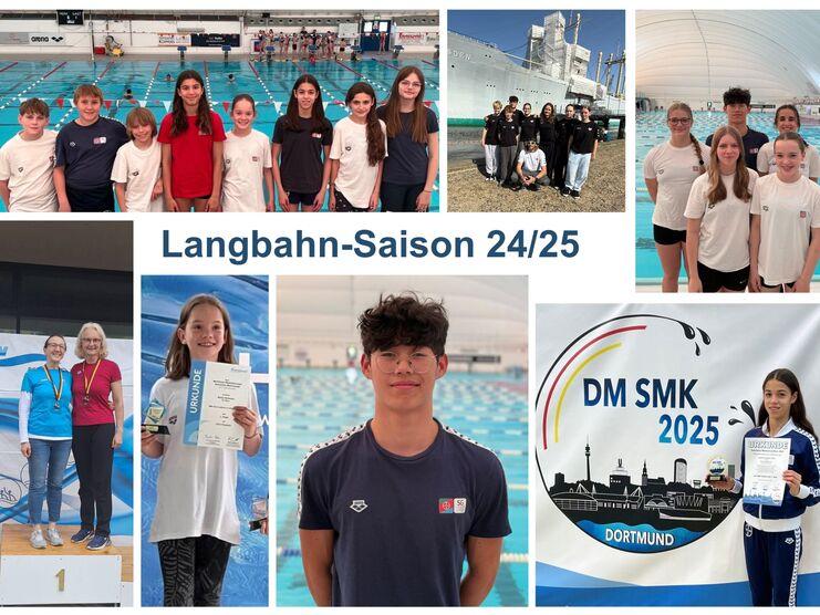 Collage mit Schwimmern und Wettkämpfen der Langbahn-Saison 24/25, einschließlich Siegerehrungen und Gruppenbildern.