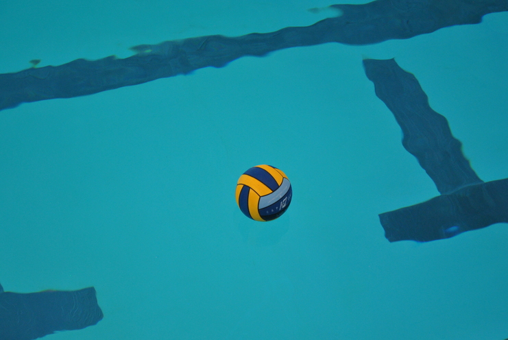 Wasserball schwimmt auf der Oberfläche eines blauen Schwimmbeckens, mit markierten Linien im Hintergrund.