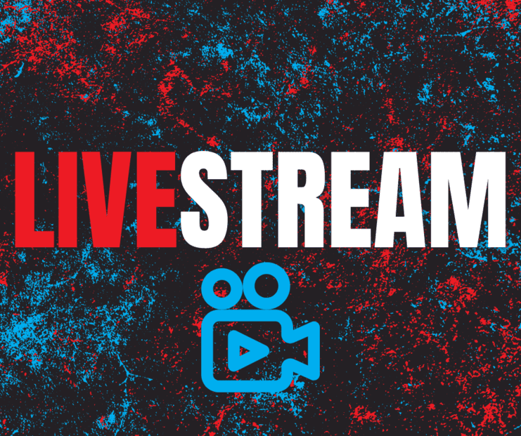 Text mit der Aufschrift "LIVESTREAM" in roten und weißen Buchstaben auf schwarzem, strukturiertem Hintergrund mit blauen Akzenten.