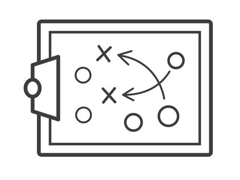 Grafik eines Taktikblatts mit Kreisen, X-Markierungen und Pfeilen zur Darstellung eines strategischen Plans.